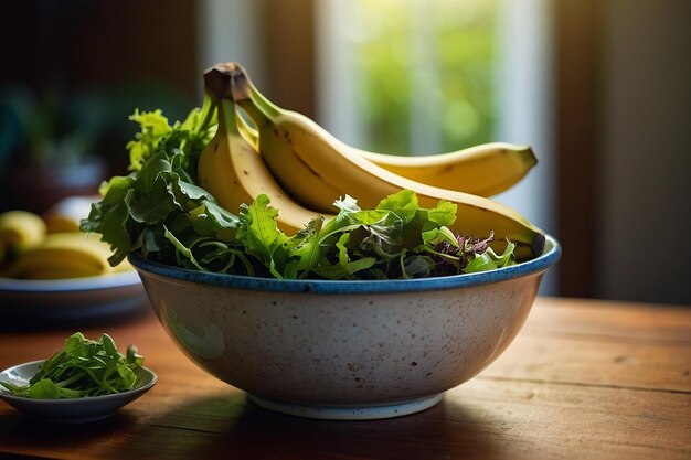 Bananas con un plato de verduras mixtas