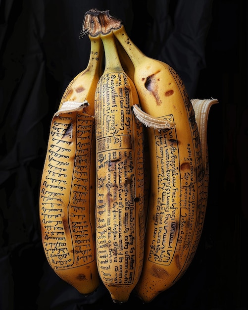 Bananas que descascam para revelar pergaminhos de sabedoria antiga escritos em sementes 8K
