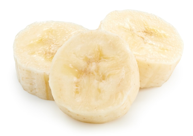 Banane lokalisiert mit Beschneidungspfad auf einem weißen Hintergrund. Bananenscheiben Obst. Qualitätsfoto für Ihr Projekt.