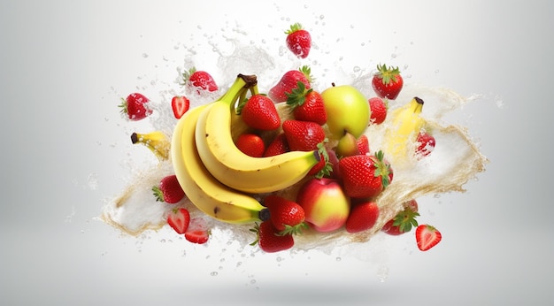 Banane und Erdbeeren mit Splash-Blick von oben generativa IA