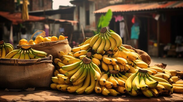 Bananen auf dem Tisch mit Markthintergrund