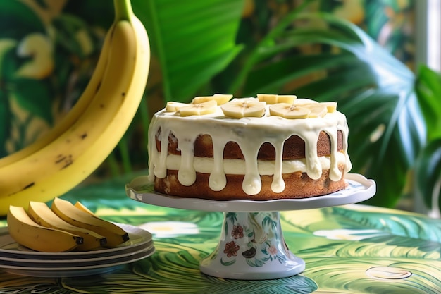 Bananen-Sahne-Torte auf einem Tuch mit tropischem Aufdruck