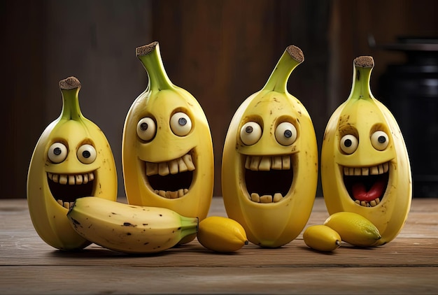 Bananen sind mit Augen und einem lächelnden Gesicht im Stil einer geisterhaften Präsenz geschmückt