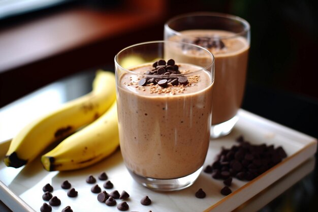 Bananen-Smoothie im Glas mit Schokolade und Kakaopulver