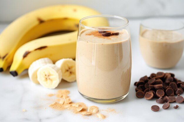 Bananen- und Erdnussbutterstücke versinken im Smoothie-Glas