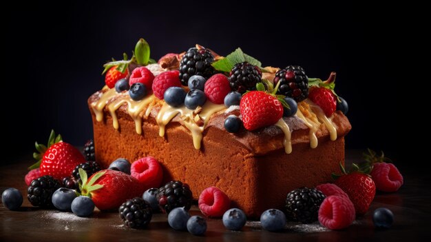 Bananenbrot mit goldener Kruste und frischen Beeren. Hochwertige Fotografie