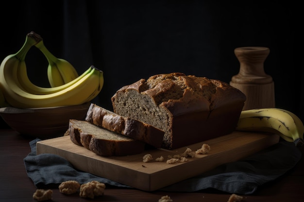 Bananenbrotkuchen, Schokoladengebäck, gebackenes Dessert mit gelben Fruchtscheiben auf dunklem Hintergrund Abstract Generative KI-Illustration