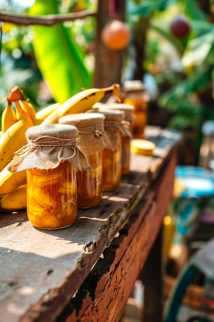 Foto bananenmarmelade im garten selektiver fokus