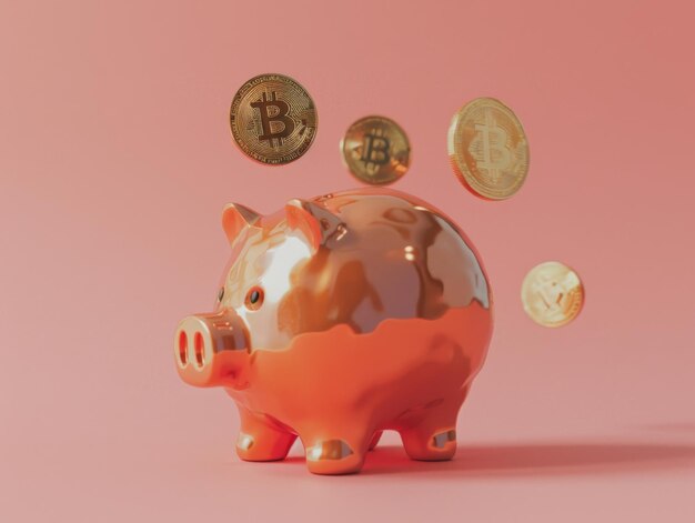 banca de cerdos con tres bitcoins cayendo en estilo simple y minimalista fotografía de alta resolución