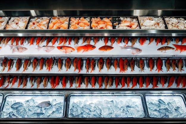 Banca do mercado de peixe com enorme variedade de deliciosos frutos do mar