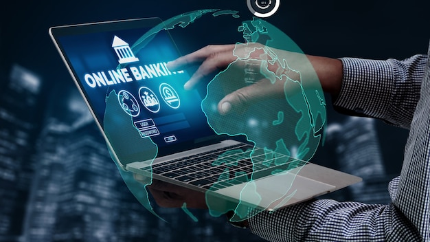 Banca en línea para la tecnología de dinero digital conceptual