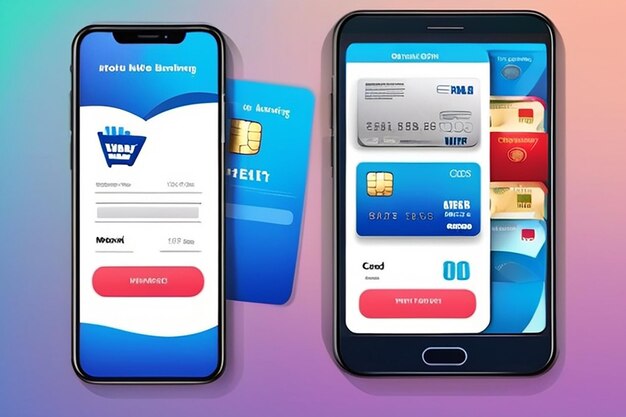 Foto banca móvil segura compra con tarjeta aplicación de pago en línea para teléfonos inteligentes y tarjetas bancarias conjunto de ilustraciones vectoriales de maqueta
