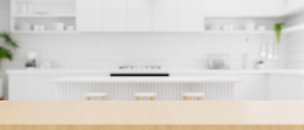 Bancada de cozinha de madeira com espaço de cópia sobre fundo de cozinha branca moderna turva renderização em 3d