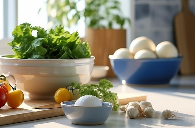 Bancada de cozinha moderna com utensílios culinários domésticos sobre ela, conceito de culinária saudável em casa