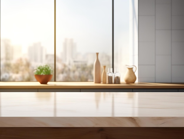 Bancada de cozinha para exposição de produtos com interior moderno e minimalista da cozinha em segundo plano