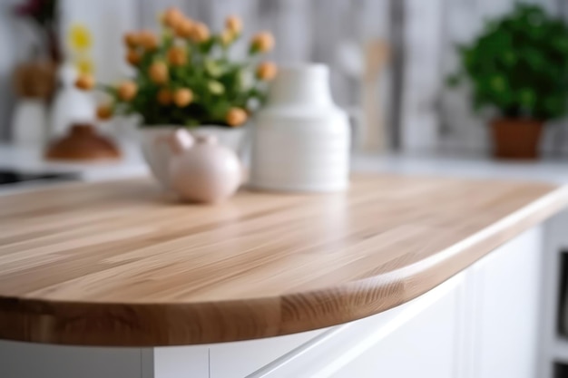 Bancada de pódio branca de madeira na cozinha moderna embaçada Closeup Generative AI