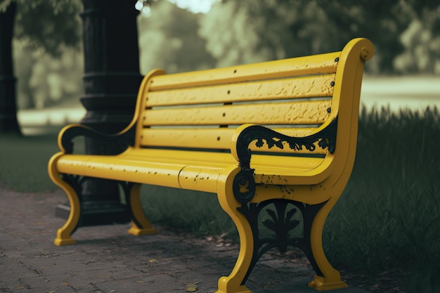 Un banco amarillo con la palabra "no te sientes en él".