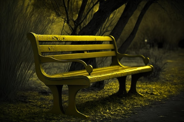 Un banco amarillo en un parque con un árbol al fondo.