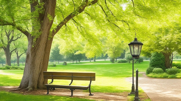 Banco con árbol y linterna en el parque