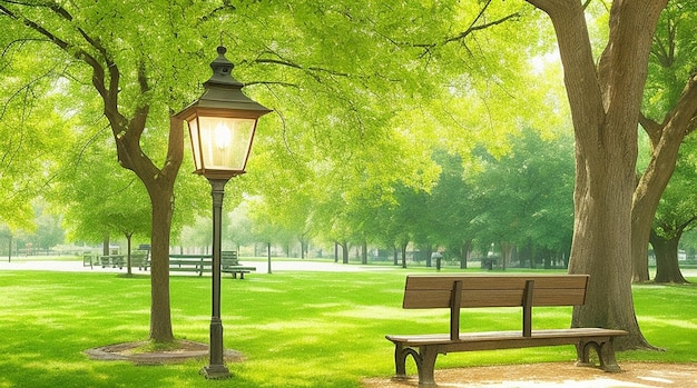 Banco con árbol y linterna en el parque