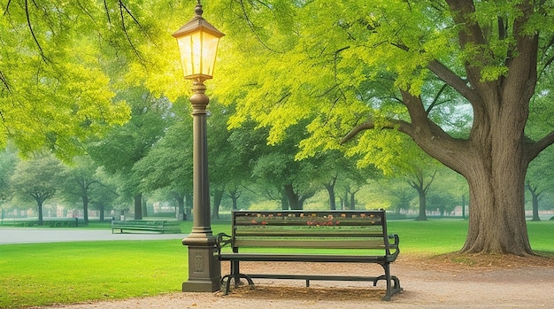 Banco con árbol y linterna en el parque