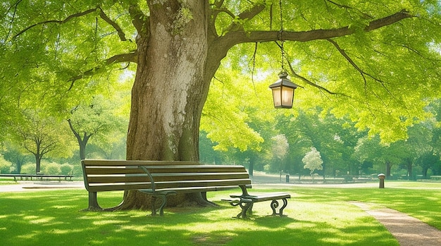 Banco con árbol y linterna en el parque