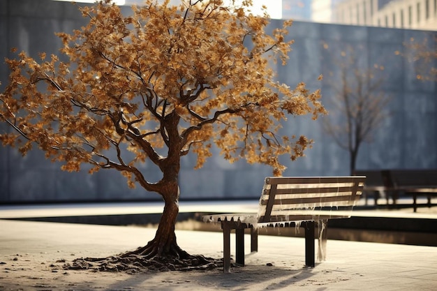 Un banco con un árbol en medio.