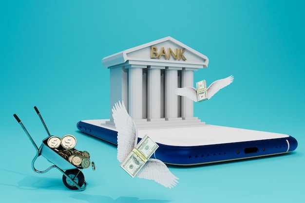 Banco de banca por Internet que construye un carrito de teléfonos inteligentes con monedas y dólares con alas 3d render