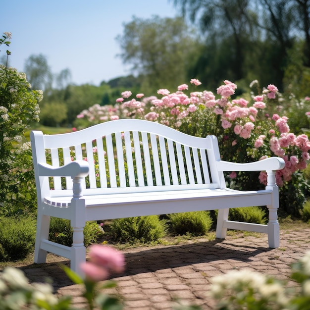 Banco blanco al aire libre en un jardín