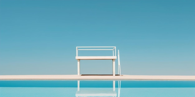 Foto un banco blanco está en frente de una piscina con un cielo azul en el fondo