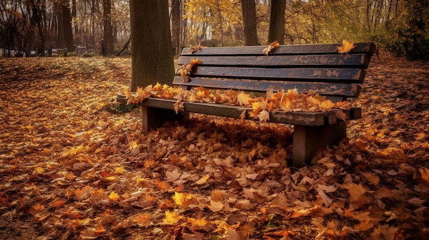 Un banco en el bosque con hojas de otoño en el suelo.