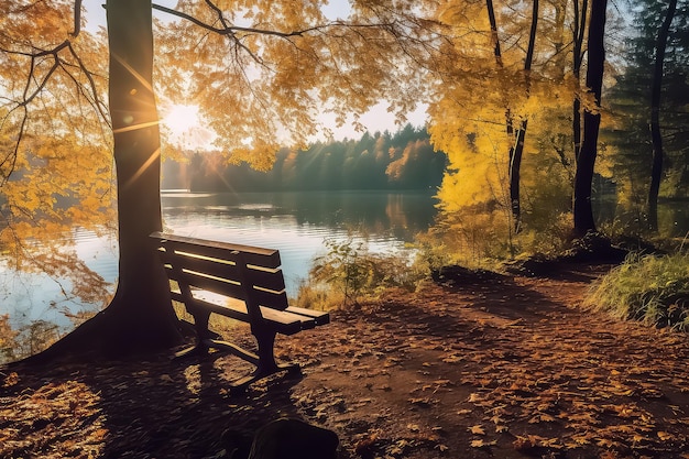 Banco en bosque de otoño con luz solar AI