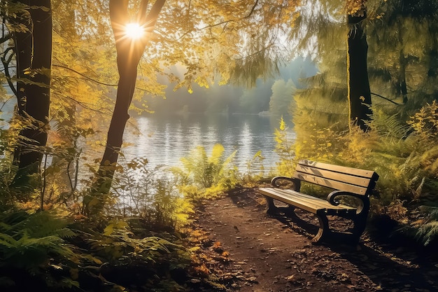 Banco en bosque de otoño con luz solar AI