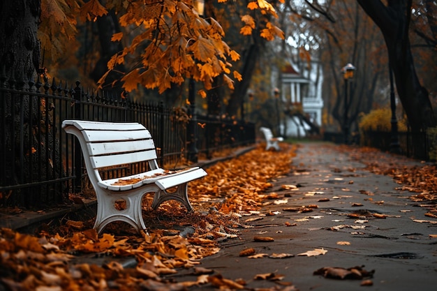 Banco branco em um parque escuro de outono com muitas folhas no chão