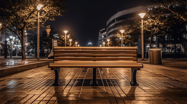 Un banco en una ciudad de noche con luces en la calle.