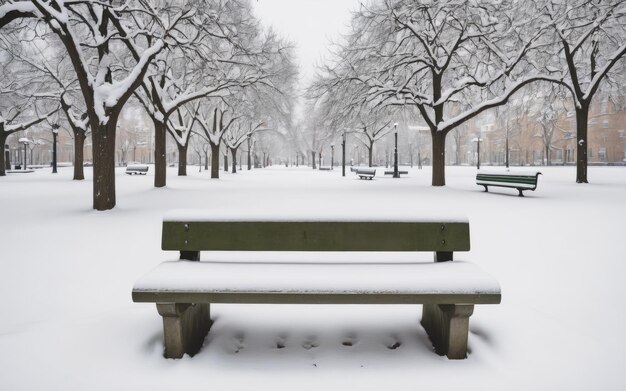 Foto banco cubierto de nieve en el parque de la ciudad durante la nieve