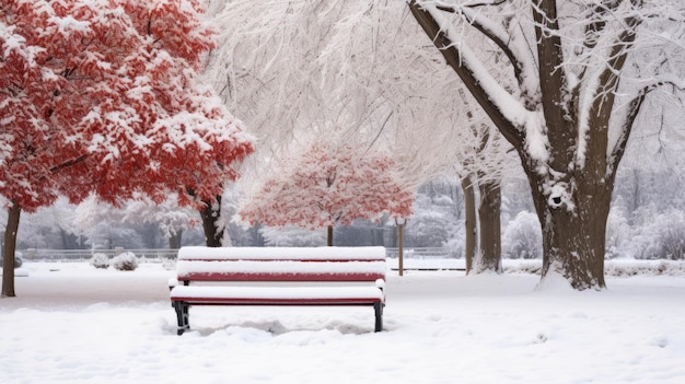 Un banco cubierto de nieve en un parque de la ciudad