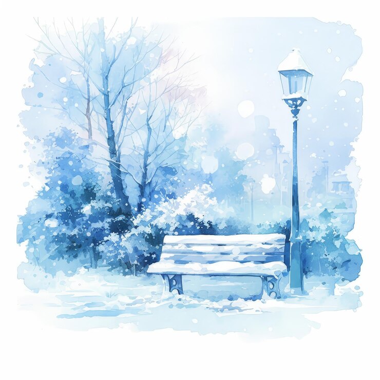 Un banco cubierto de nieve en el parque de invierno