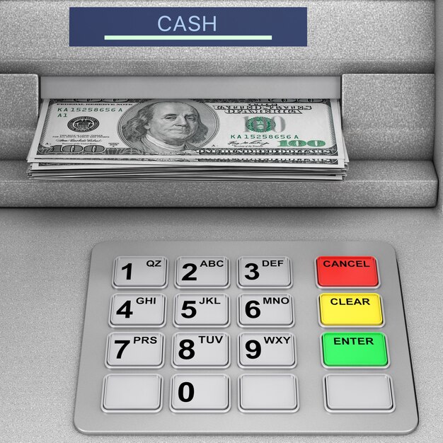 Foto banco de dinheiro atm máquina extrema closeup. renderização 3d