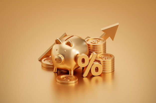 Banco de dinheiro de negócios de finanças de ouro financeiro em investimento dourado fundo 3d com sucesso mercado moeda lucro economia bancária ou comércio de riqueza economia de ações e reserva monetária taxa de preço econômica