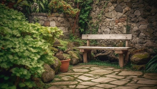 Banco de madeira do jardim do quintal um lugar para sentar e relaxar com a natureza e a planta surround Fundo e pano de fundo