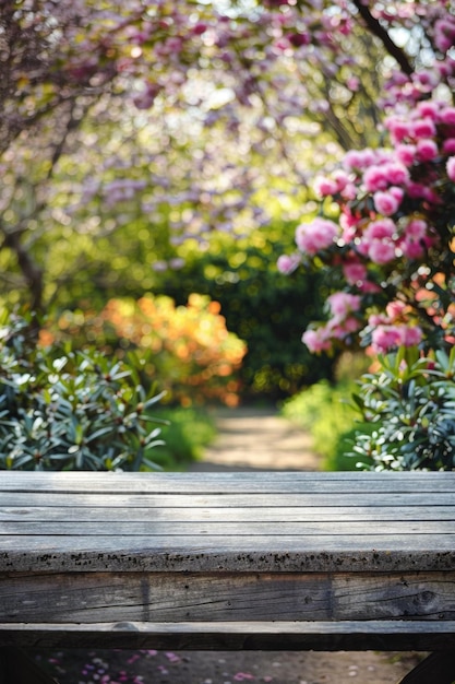Foto banco de madeira em um parque com flores em flor adequado para a natureza e conceitos de relaxamento