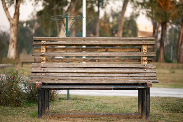 Banco de madeira em um parque em uma manhã ensolarada de inverno