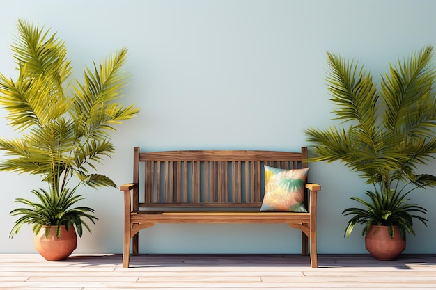 Banco de madeira marrom com plantas tropicais no fundo da parede azul no dia brilhante