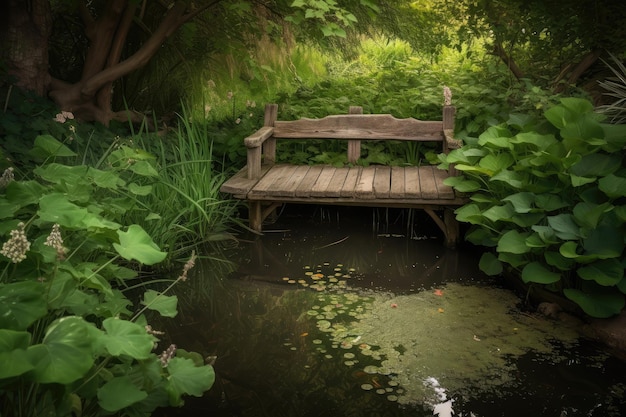Banco de madeira rústico cercado por folhagens exuberantes e um lago tranquilo