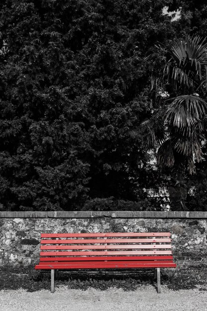 Banco de madeira vermelho em um fundo de folhagem verde