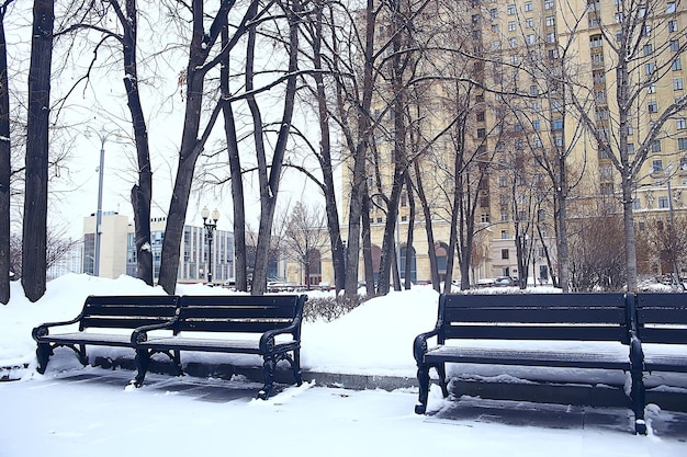 banco de paisagem no parque da cidade geada de inverno, manhã de natal na cidade