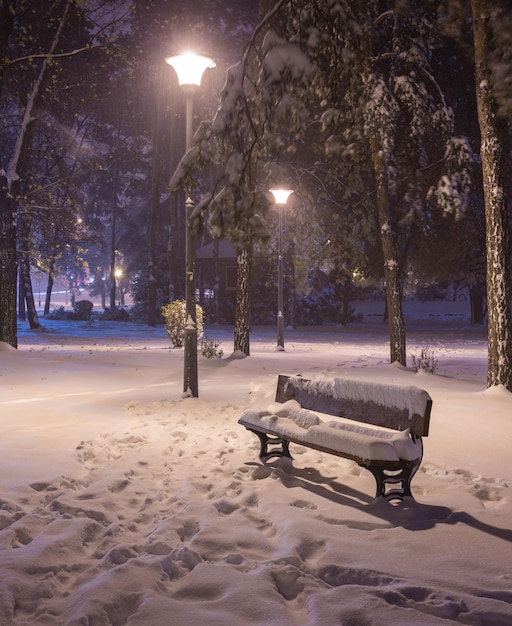 Banco de paisagem noturna de inverno sob árvores e luzes de rua brilhantes caindo flocos de neve