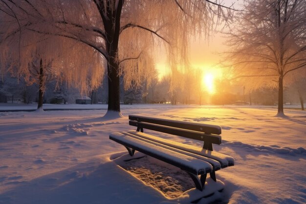 Banco de parque coberto de neve voltado para o sol nascente criado com IA generativa