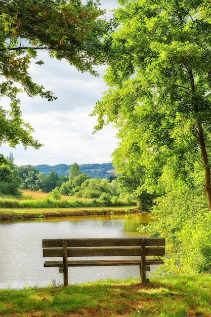 Banco de parque com vista para a vista do lago na zona rural Vista panorâmica de árvores e vegetação por um rio com um banco público vazio no verão Vista da paisagem de um ambiente natural idílico